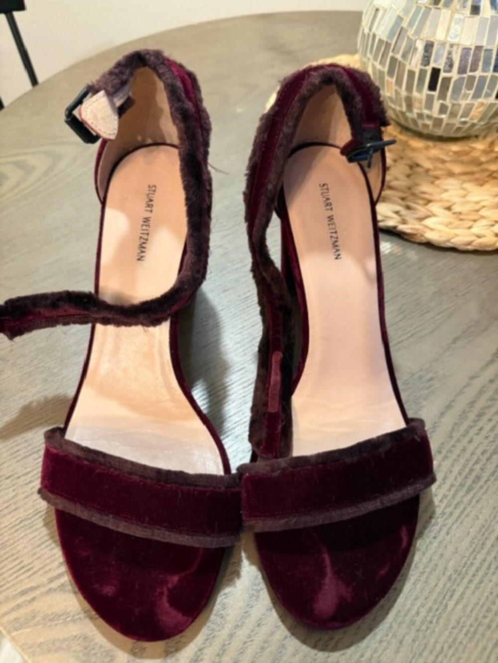 Stuart Weitzman Burgundy Velvet Ankle Strap Block Heel Sandals Size 10